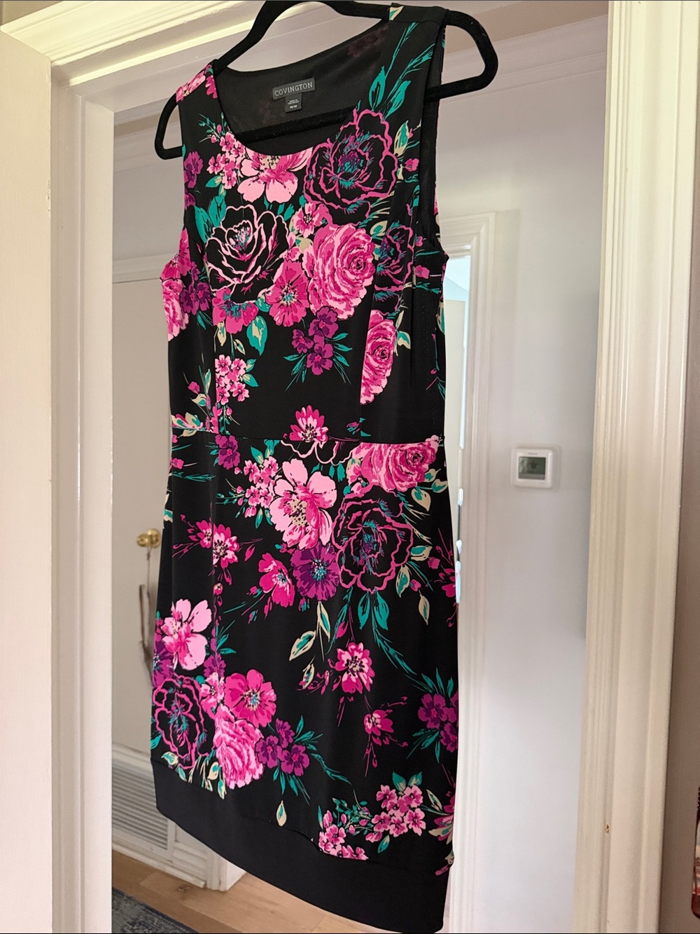Covington Black Floral Sheath Dress with Pink & Teal Blooms